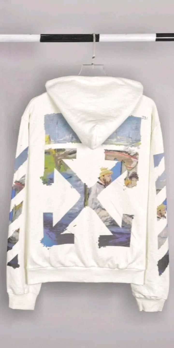 Real shot of the video——Spring and Autumn top tested version OFF WHITE OW timeless classic Monet oil painting watercolor graffiti hooded zipper pure cotton loose cardigan sweater jacket for men and women couples hot overseas style, same style upper body for celebrities, classic and beautiful oil painting style! World treasures, top famous paintings, walking works of art!  A good product starts with the fabric of the clothes. Our fabrics are pre-shrunk with epoxy water before leaving the fabric factory. After the fabrics are dried, they will have a light fragrance. Who can do this? The printing uses an imported 16-head white ink color drawing integrated direct printing machine + discharge dyeing process, which is completely consistent with zip. It effectively guarantees the perfect printing texture and visual effect. The multi-layered hollow points in the printing pattern are all manually modified, and the alignment is consistent to identify the first eye-catching point.   From the beginning of 2019 to now, a total of 100,000+ have been shipped. It can be said that this model is made to perfection. The basic purchase price for foreign purchasing agents is 50+, and the repurchase rate is 100%. The details, fabrics, and printing can be said to be completely restored, a true top version!  Let’s talk about the reason for 100,000+ sales! First, you can see the products we make, and all the identification details are in place. 1. The 4 hollow points on the printed character hat are identification details. During the scan, many manual modifications were required, and a hollow point was exposed, which was a fake at first glance. This is hollow, not black dot printing. 2. Printing is a combined process of discharge dyeing + direct injection! Both the black and white prints can be pulled apart, and the prints will not be damaged by loosening and rebounding. The dye is completely integrated into the fabric. 3. The fabric is 480 grams of custom-dyed fish scale terry cotton fabric, which has an excellent hand feel. 4. The collar label is embossed and has a hand-feeling effect! Definitely not an embroidery label, nor a blue label. 5. The tag rope is hung vertically from the collar. The rope is 120CM long, not a side rope. It is full of details. 6. Details, the main picture is actually shot. If you are worried about what you have seen, you can directly compare it with the pictures of my home and the official website. Fearless of all comparisons. 7. Customized pull tabs with engravings and hat rope bells with engravings! These are the details of the identification.   Size: XS-L Color: Black Off-White P:420
